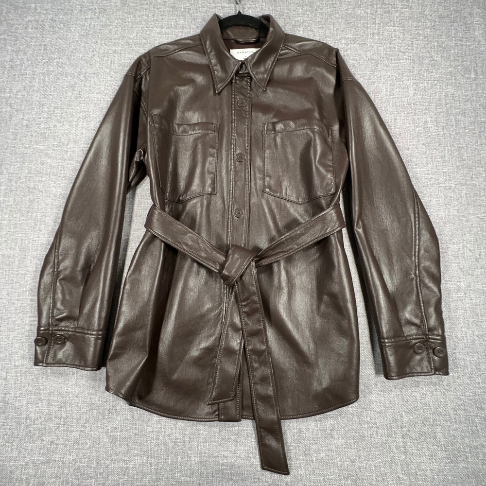 Babaton Aritzia AVA Vegan Leather Shirt Jacket Womens M Brown Belted Academia